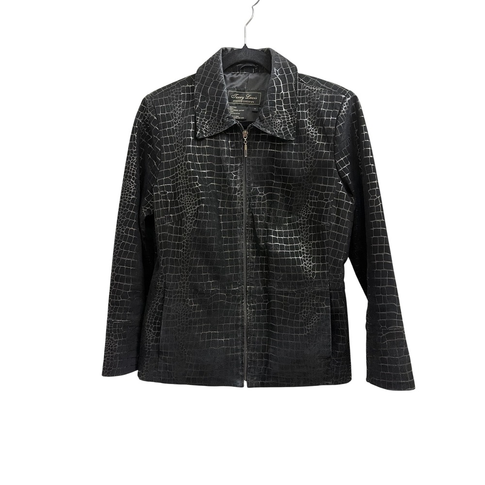 Terry Lewis‎ Black Suede Leather Crocodile Embossed Metallic Zip Jacket Womens M